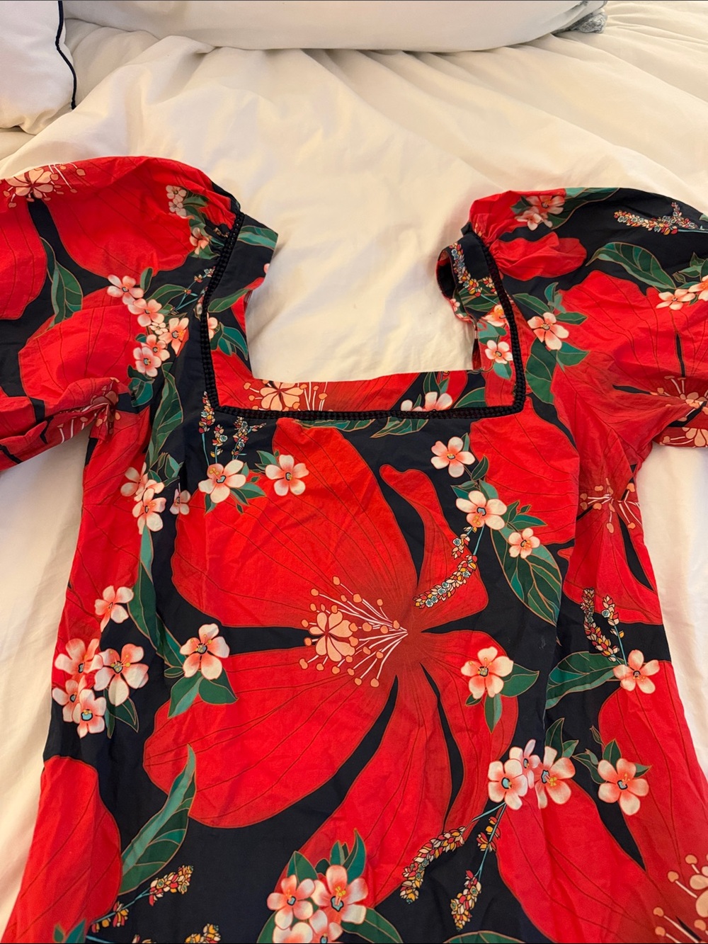 Farm Rio, size S, Red Floral Square-Neck Puff Sleeve Dress - Picture 2 of 2